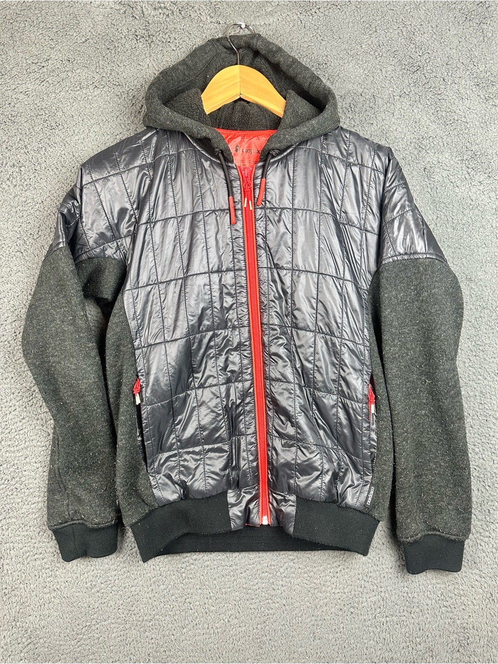 Cotopaxi Kusa Hybrid Jacket Llama Insulated Hooded Puffer Black Grey Womens s